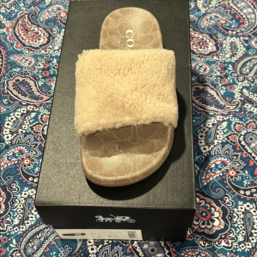 Coach Beige Shearling Slippers